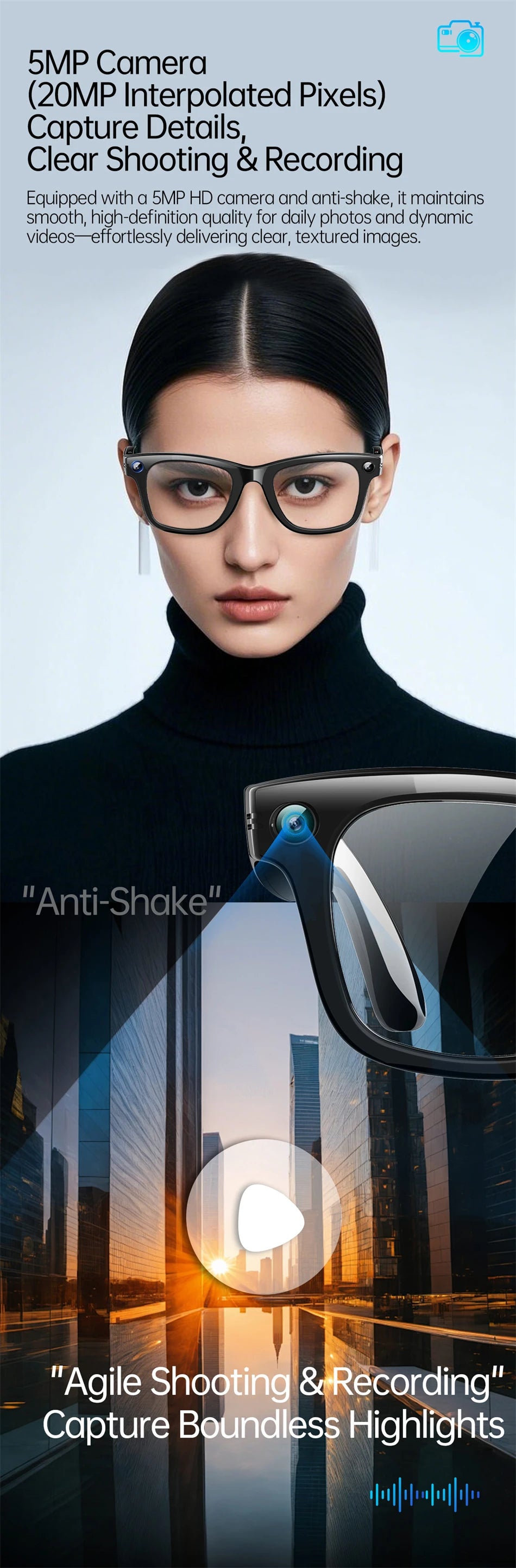 New AI 5MP Camera Smart Glasses 290mAh Waterproof Voice Call Music Bluetooth Smart Sunglasses Video Record Translation Glasees