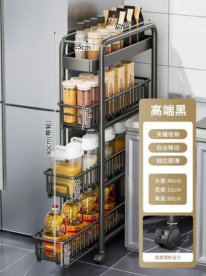 Side of Refrigerator Storage Rack Ultra Narrow Pull-out Seasoning Rack Multifunctional Bathroom Shelf with Pulley Kitchen Cart