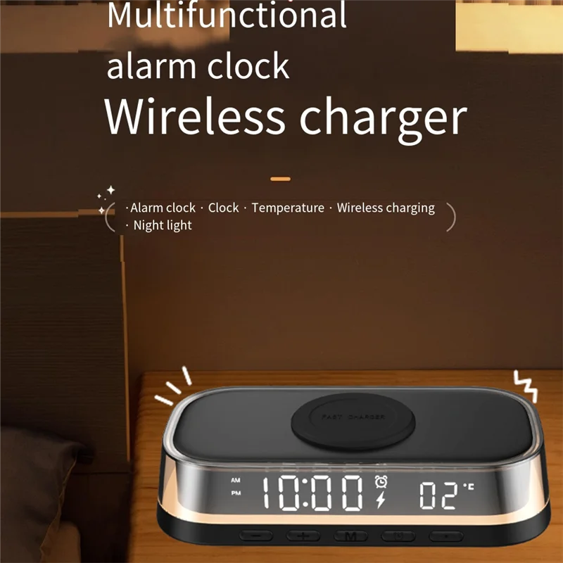 15W Wireless Charger Desktop Clock Alarm Thermometer Night Light AB01