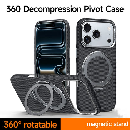 Alloy Lens 360 Rotating Bracket Magnetic Case for iPhone 17Pro Max 16 pro Carbon Fiber Texture Wireless Charge Frosted PC Cover