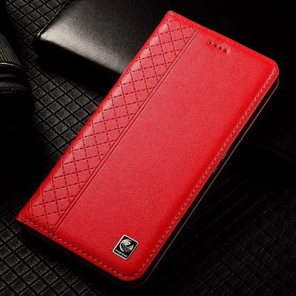 For OnePlus Nord 5 CE5 5G Flip Case Grid Pattern Magnetic Cover Luxury Cowhide Genuine Leather Card Pocket Wallet Cases Covers