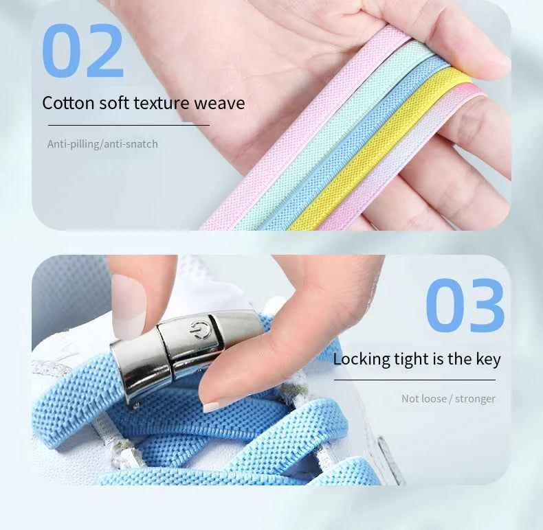 Press Lock Elastic Shoelaces 8mm Flat No Tie For Shoes Kids Adults