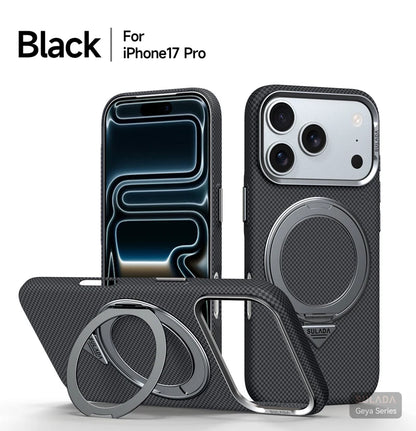 Alloy Lens 360 Rotating Bracket Magnetic Case for iPhone 17Pro Max 16 pro Carbon Fiber Texture Wireless Charge Frosted PC Cover