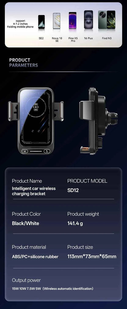 15W Wireless And Wired Car Charger Holder Qi Certified With Auto Sensing Release
