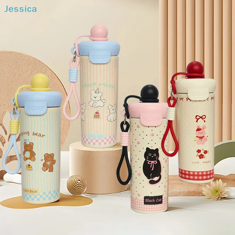 ♥Cartoon Animal Float Ball Water Bottle - 316 Stainless Steel Insulated Tumbler with Straw & Carry Strap for Kids and Students