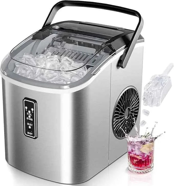 Small ice cubes machine silver, 9 dice in 6 min, 12kg/24H, 2 ice cream sizes & self-cleaning for household/bar