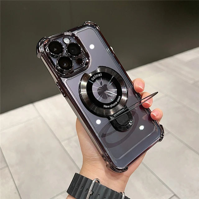 For iPhone 16 Pro Max Luxury Transparent Holder Stand Plating Frame Phone Case For iPhone 13 14 15 Plus 17 Air Protective Cover