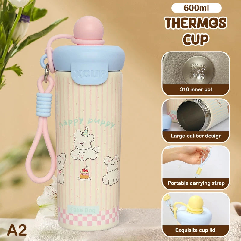 ♥Cartoon Animal Float Ball Water Bottle - 316 Stainless Steel Insulated Tumbler with Straw & Carry Strap for Kids and Students