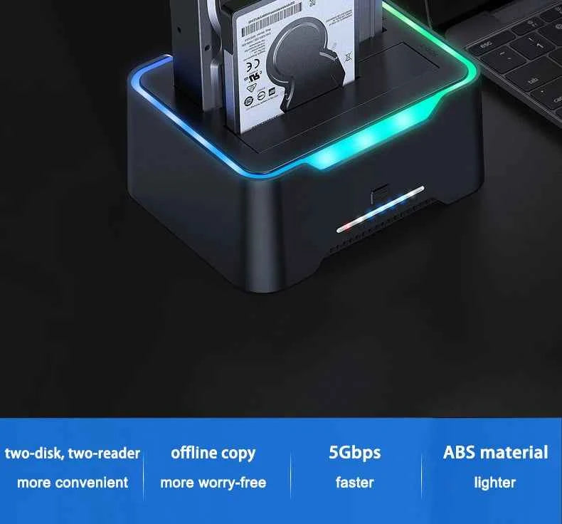2.5 3.5 Inch Dual Disk SATA Hard Drive Dock USB3 RGB Lights USB C 3.1 12V 3A