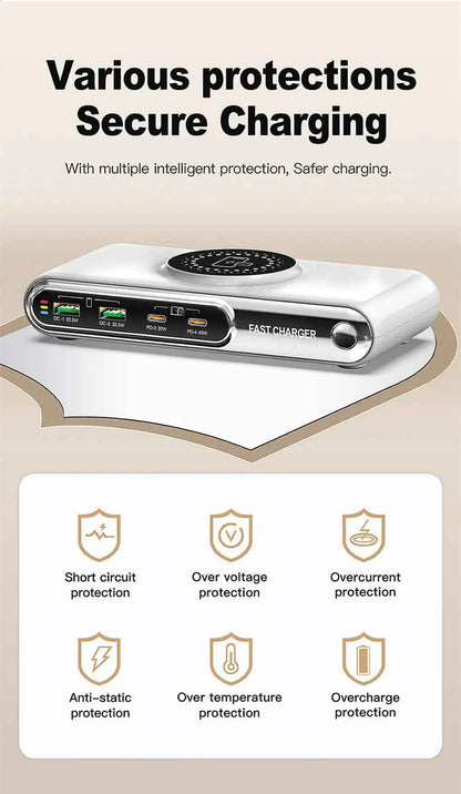 72W 4 Port USB C PD QC Fast Charger Wireless Charging For Phone