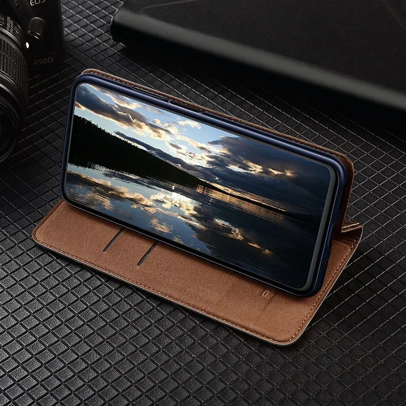 For OnePlus Nord 5 CE5 5G Flip Case Grid Pattern Magnetic Cover Luxury Cowhide Genuine Leather Card Pocket Wallet Cases Covers