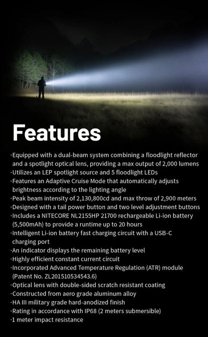 NITECORE Flashlight P40 seraching light Hunting  2000 lumens Ultra Bright Long Range flashlamp included wireless remote switch