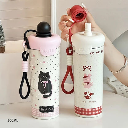 ♥Cartoon Animal Float Ball Water Bottle - 316 Stainless Steel Insulated Tumbler with Straw & Carry Strap for Kids and Students