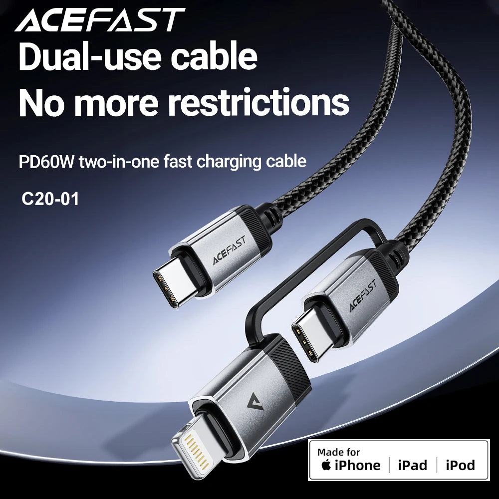 ACEFAST 2 in 1 MFi Certified USB-C to USB-C / Lightning Fast Charging PD60W Phone Cable For iPhone 16/15 Pro Max Wired Cord 1.2M