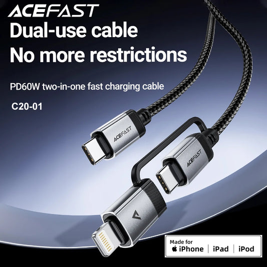 ACEFAST 2 in 1 MFi Certified USB-C to USB-C / Lightning Fast Charging PD60W Phone Cable For iPhone 16/15 Pro Max Wired Cord 1.2M