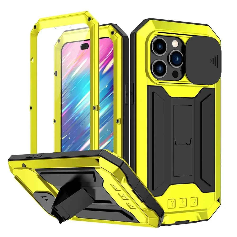 Rugged Metal Phone Case For iPhone 16 15 13 Pro Max 14 Plus Heavy Duty Military Shell Slide Lens Cover Screen Protector