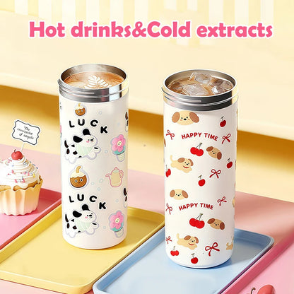 ♥Cartoon Animal Float Ball Water Bottle - 316 Stainless Steel Insulated Tumbler with Straw & Carry Strap for Kids and Students