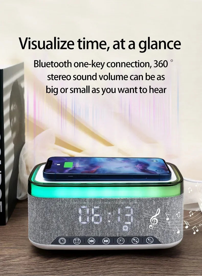 New Smart 6-in-1 Bluetooth Speaker 60W Wireless Charger Bedhead Night Light Alarm Clock LED Clock with FM Radio Music Cente