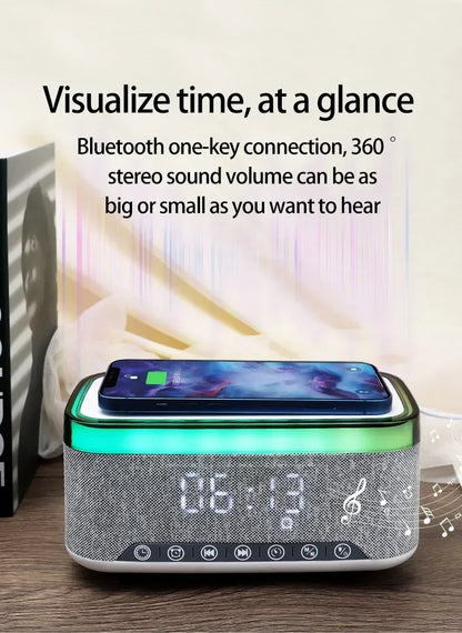 New Smart 6-in-1 Bluetooth Speaker 60W Wireless Charger Bedhead Night Light Alarm Clock LED Clock with FM Radio Music Cente
