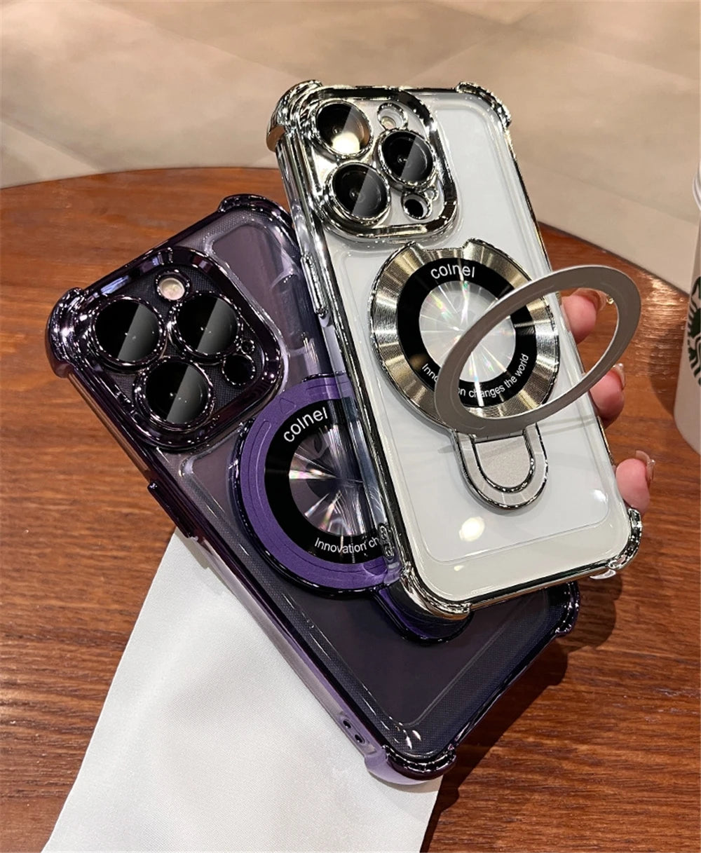 For iPhone 16 Pro Max Luxury Transparent Holder Stand Plating Frame Phone Case For iPhone 13 14 15 Plus 17 Air Protective Cover