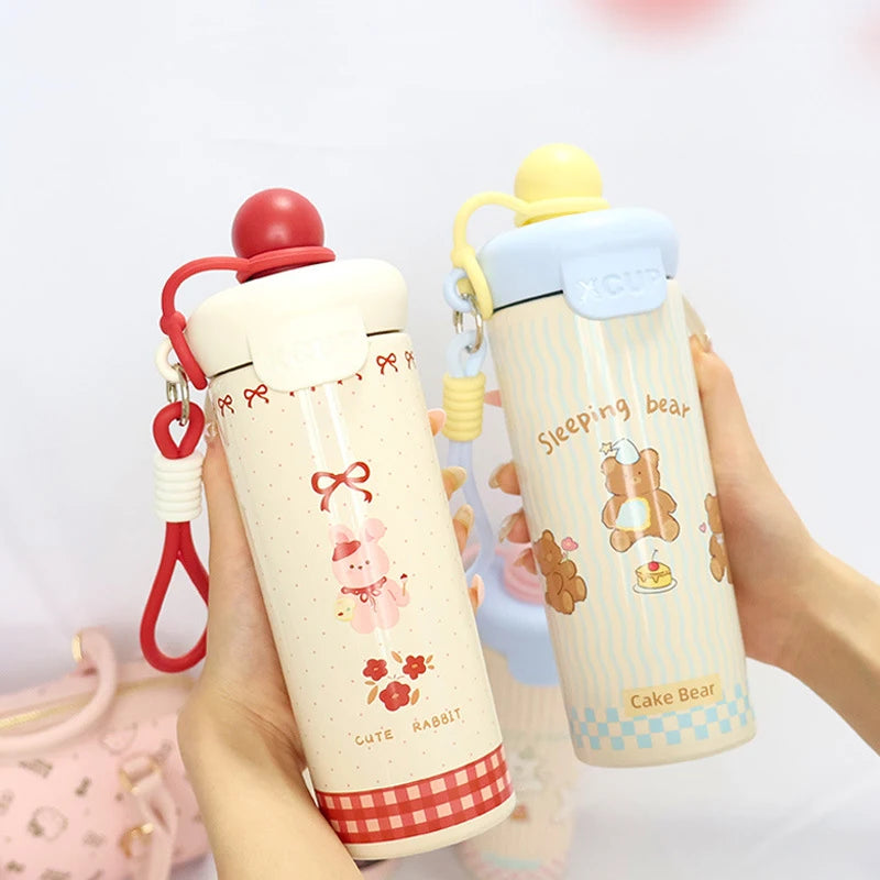 ♥Cartoon Animal Float Ball Water Bottle - 316 Stainless Steel Insulated Tumbler with Straw & Carry Strap for Kids and Students