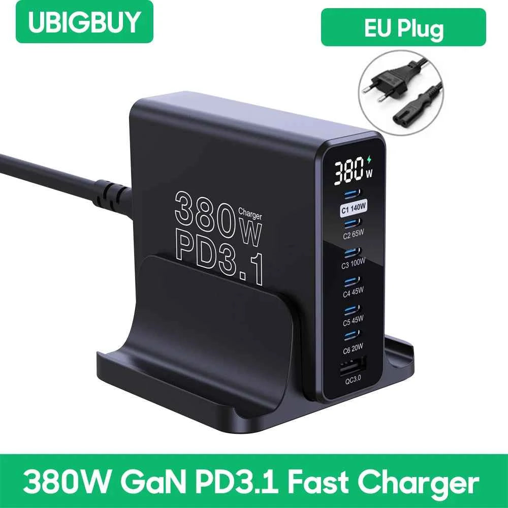 Ubigbuy 380W GaN USB C Charger PD 3.1 140W 100W PPS 45W Fast Charging Station LCD Display for iPhone 15 Samsung MacBook Pro/Air
