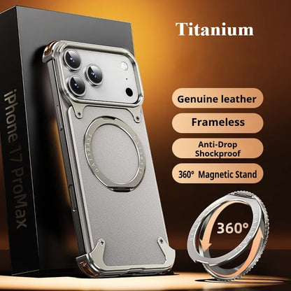 Eary for iPhone 17 Pro Max Air Phone Case Genuine Leather Magsafe Frameless Shell With 360°Rotate Magnetic Stand Anti-Drop Cover