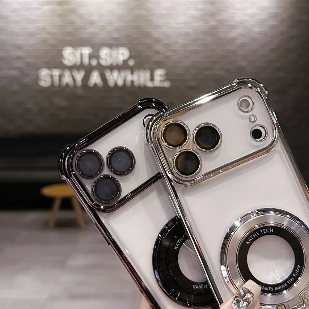 Luxury Shockproof Plating Bright Stand Case for iPhone 17 Air 16 15 14 13 12 11 Pro Max Plus X XS XR for Magsafe Magnetic Cover