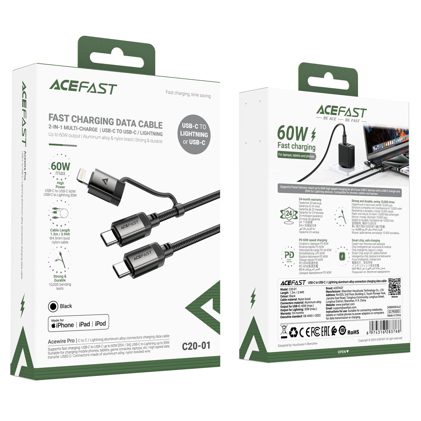 ACEFAST 2 in 1 MFi Certified USB-C to USB-C / Lightning Fast Charging PD60W Phone Cable For iPhone 16/15 Pro Max Wired Cord 1.2M