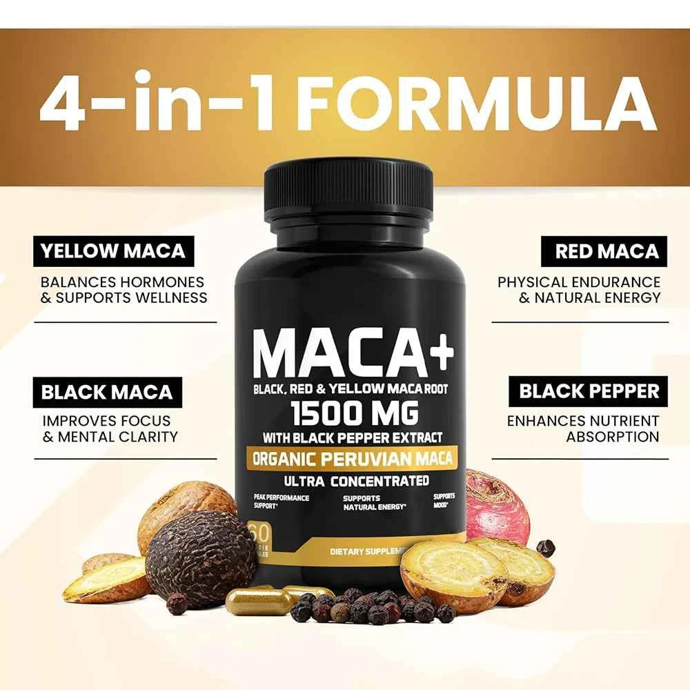 Organic Maca Powder Capsules 1500mg Black Red Yellow Peru Maca For All Vegan