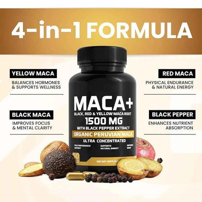 Organic Maca Powder Capsules 1500mg Black Red Yellow Peru Maca For All Vegan