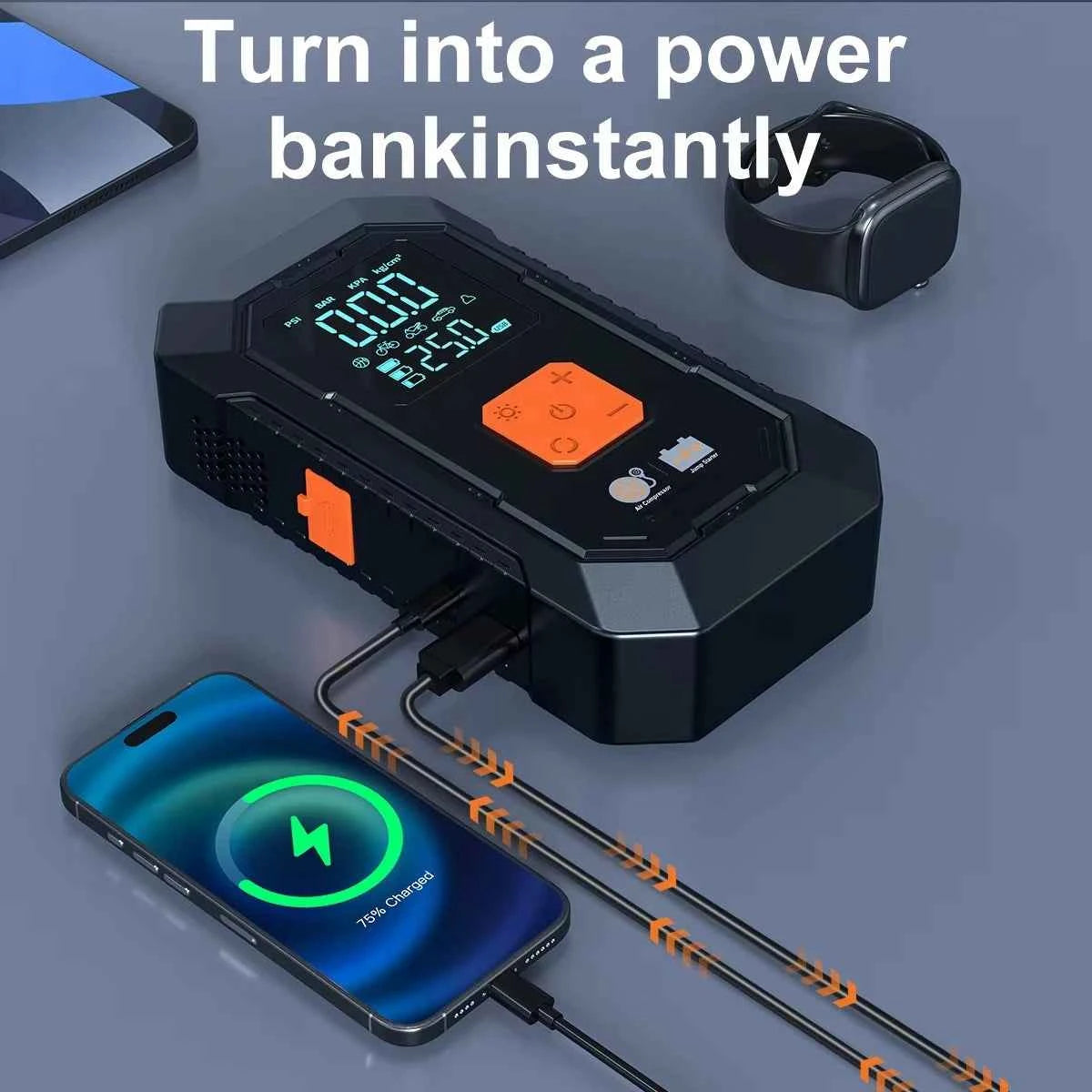 Car Jump Starter with Air Pump Power Pack 12v Battery Booster Tire Inflator Emergency Portable Car Jump Starter