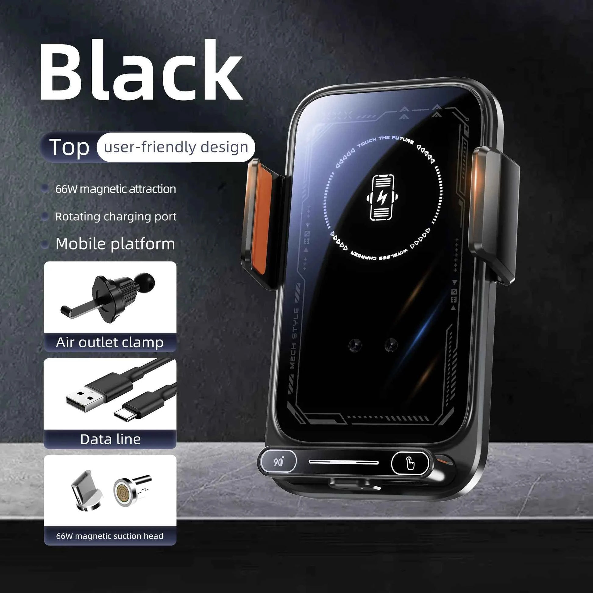 Black 15W Wireless Car Charger With IR Sensor One Touch Rotation Vent Mount