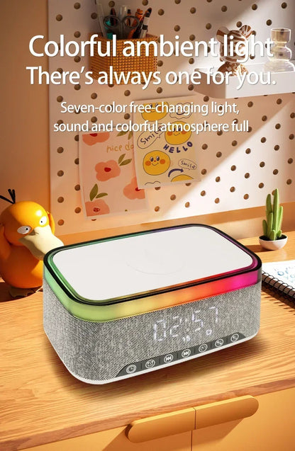New Smart 6-in-1 Bluetooth Speaker 60W Wireless Charger Bedhead Night Light Alarm Clock LED Clock with FM Radio Music Cente