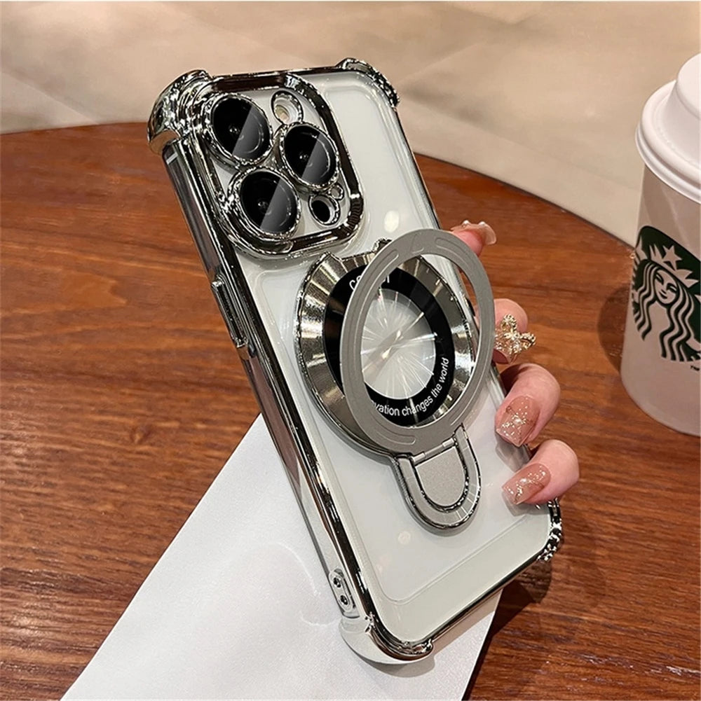 For iPhone 16 Pro Max Luxury Transparent Holder Stand Plating Frame Phone Case For iPhone 13 14 15 Plus 17 Air Protective Cover