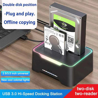 2.5 3.5 Inch Dual Disk SATA Hard Drive Dock USB3 RGB Lights USB C 3.1 12V 3A