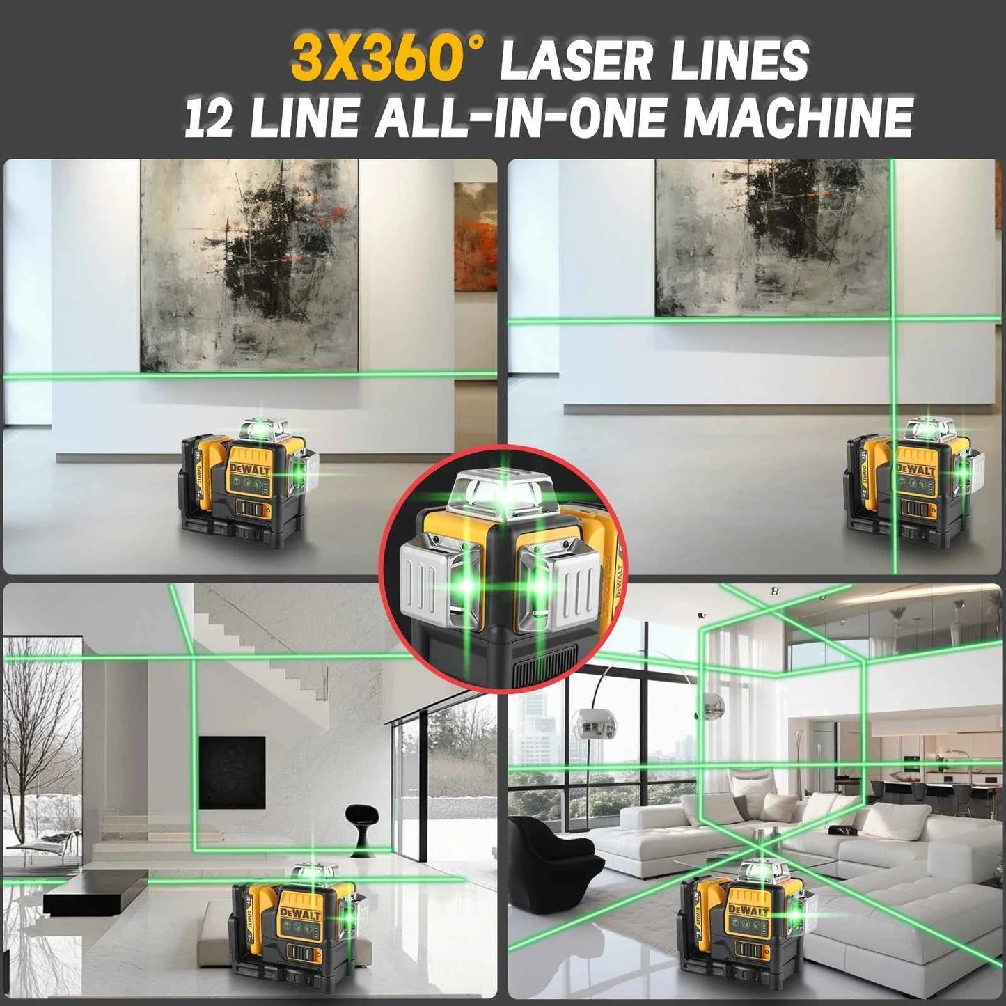DEWALT DW089 12V Li-Ion Laser Level 12 Line 3×360°Vertical Horizontal Self Levelling Green Beam for Indoor Outdoor Building Work