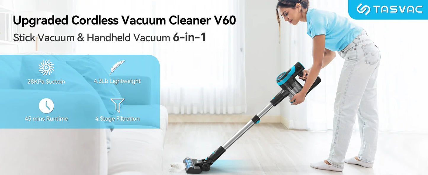V600 Cordless Vacuum Cleaner, 28Kpa Brushless Stick Vacuum, Rechargeable Battery, 3 Modes