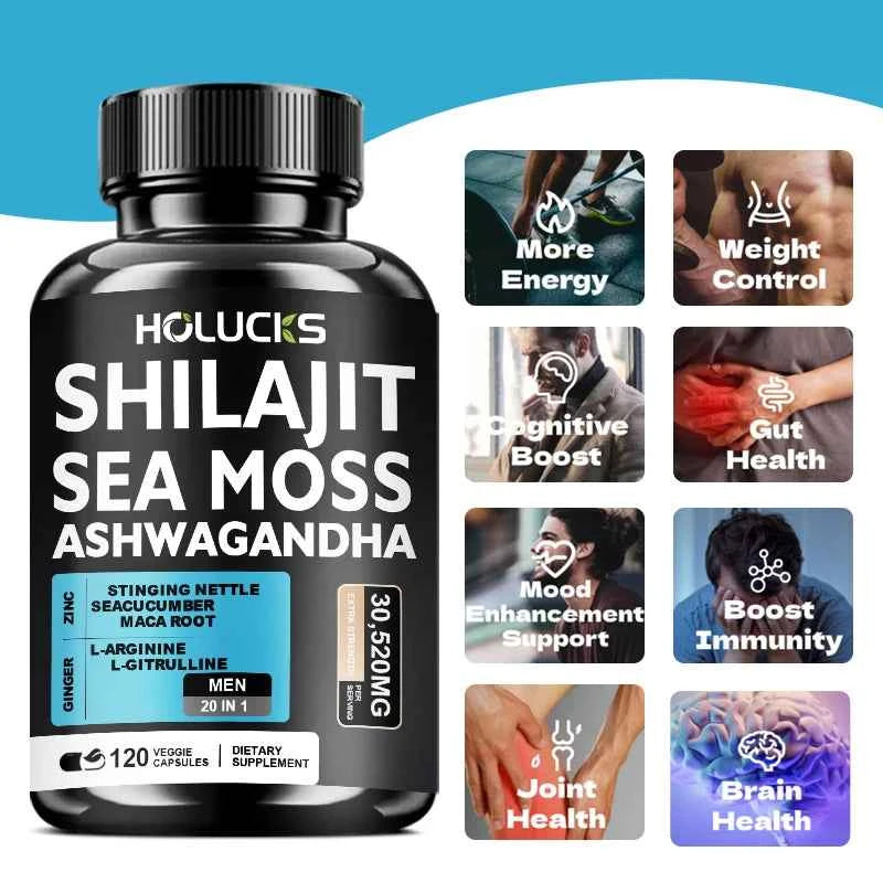 Pure Shilajit and Sea Moss Supplement Boosting Testosterone Energy and Stamina