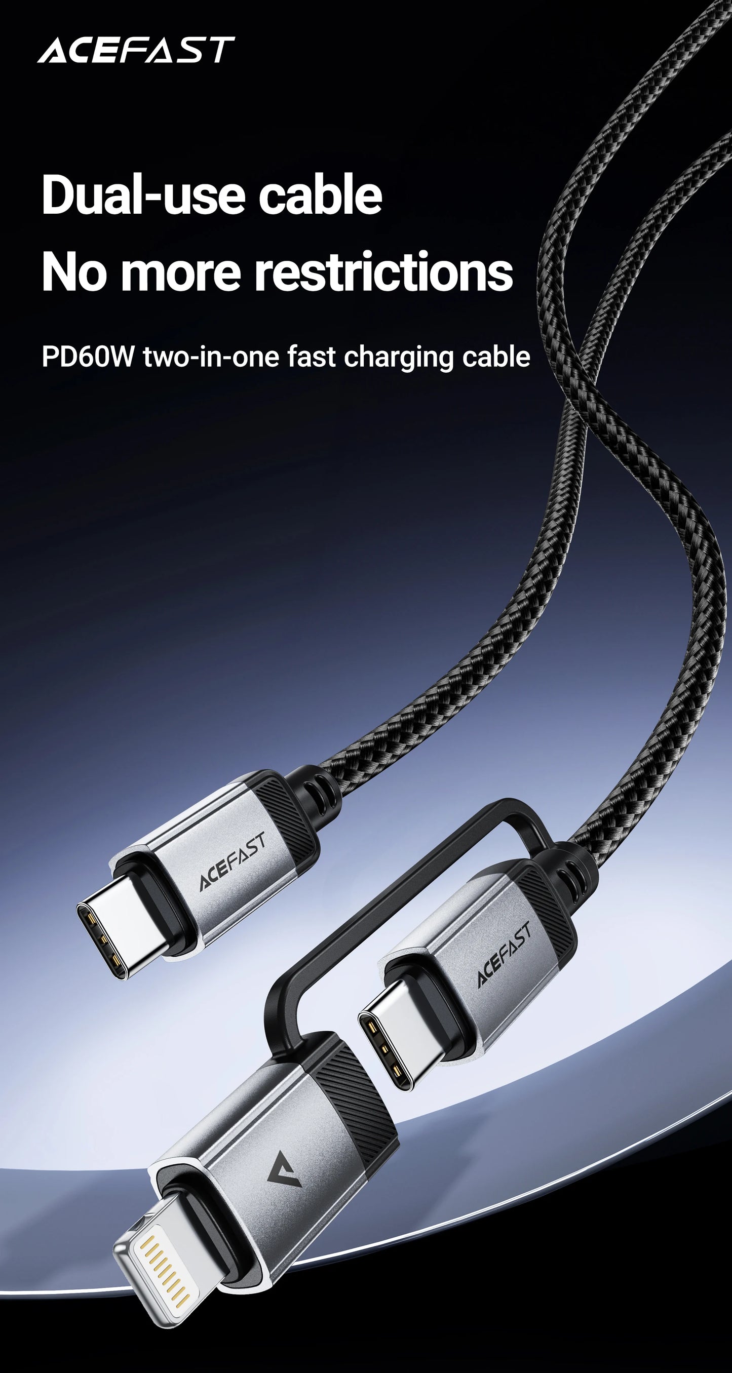 ACEFAST 2 in 1 MFi Certified USB-C to USB-C / Lightning Fast Charging PD60W Phone Cable For iPhone 16/15 Pro Max Wired Cord 1.2M
