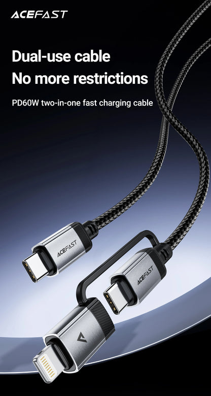 ACEFAST 2 in 1 MFi Certified USB-C to USB-C / Lightning Fast Charging PD60W Phone Cable For iPhone 16/15 Pro Max Wired Cord 1.2M