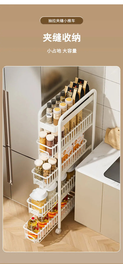 Side of Refrigerator Storage Rack Ultra Narrow Pull-out Seasoning Rack Multifunctional Bathroom Shelf with Pulley Kitchen Cart