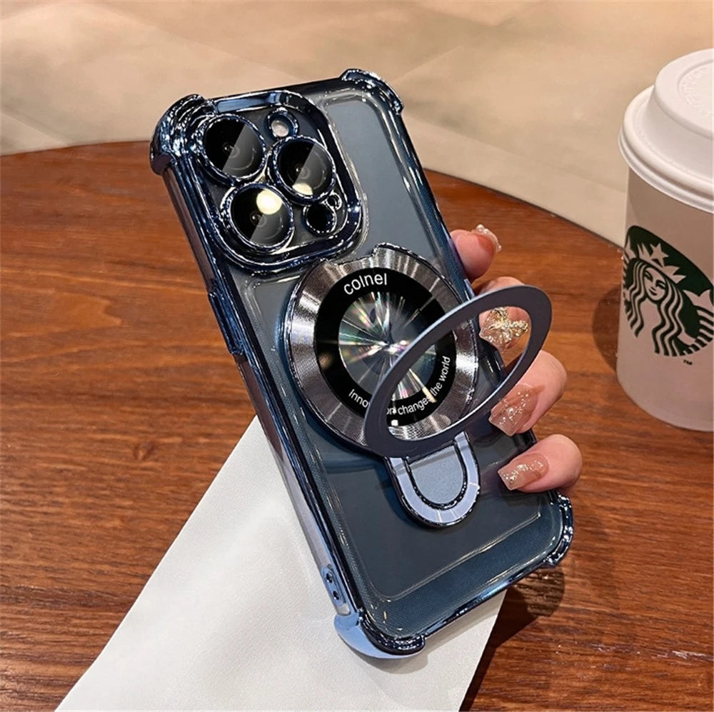 For iPhone 16 Pro Max Luxury Transparent Holder Stand Plating Frame Phone Case For iPhone 13 14 15 Plus 17 Air Protective Cover