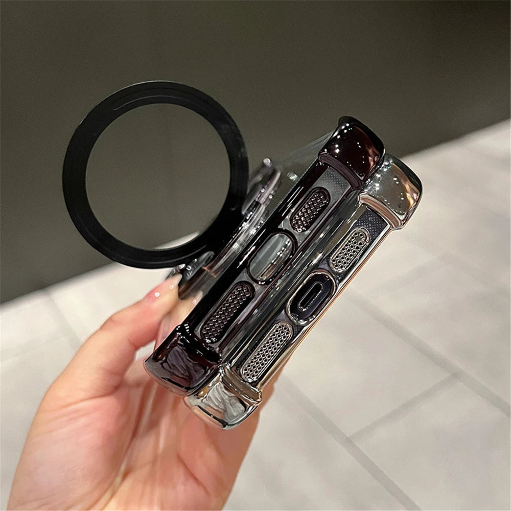 For iPhone 16 Pro Max Luxury Transparent Holder Stand Plating Frame Phone Case For iPhone 13 14 15 Plus 17 Air Protective Cover