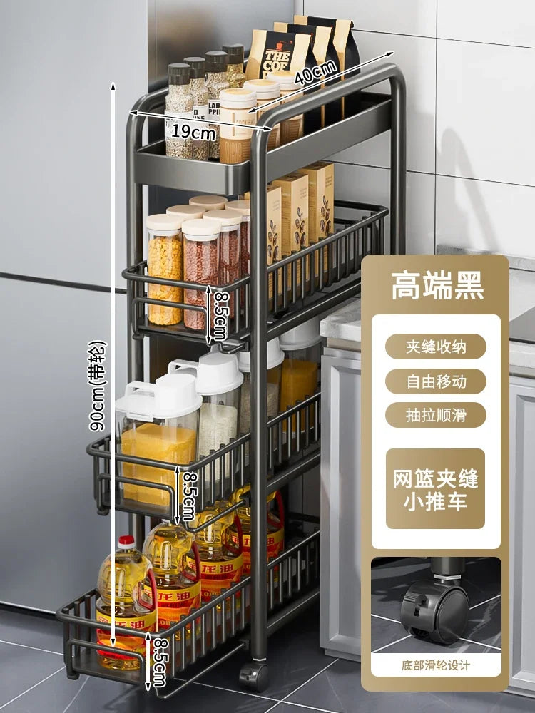 Side of Refrigerator Storage Rack Ultra Narrow Pull-out Seasoning Rack Multifunctional Bathroom Shelf with Pulley Kitchen Cart