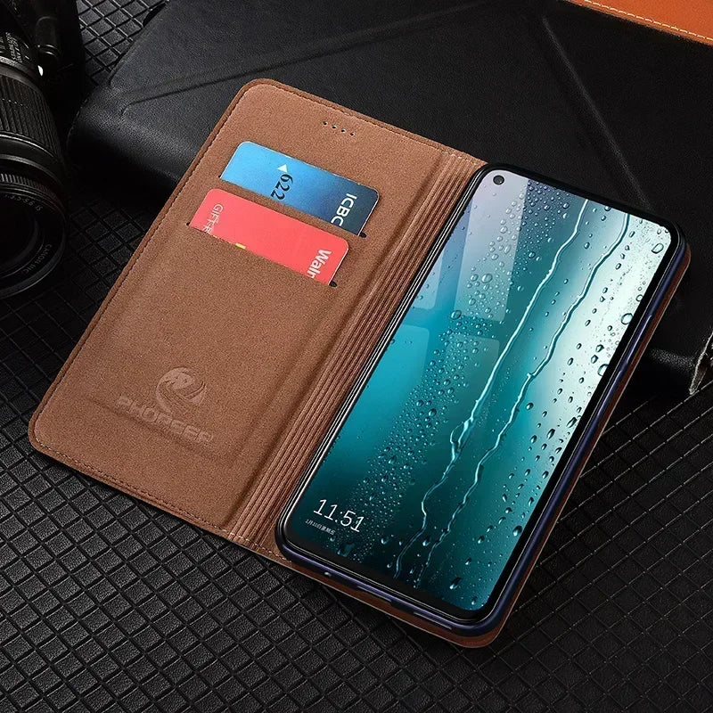 For OnePlus Nord 5 CE5 5G Flip Case Grid Pattern Magnetic Cover Luxury Cowhide Genuine Leather Card Pocket Wallet Cases Covers