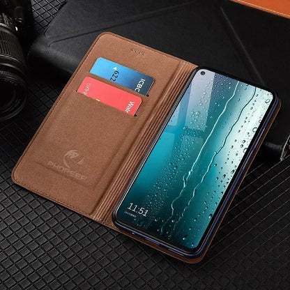 For OnePlus Nord 5 CE5 5G Flip Case Grid Pattern Magnetic Cover Luxury Cowhide Genuine Leather Card Pocket Wallet Cases Covers