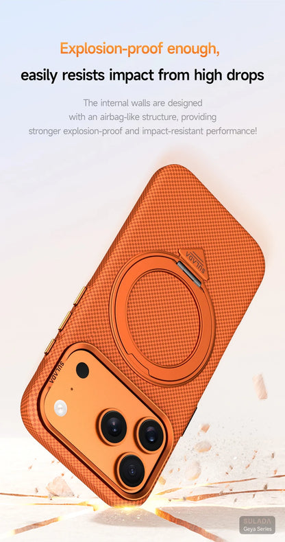 Alloy Lens 360 Rotating Bracket Magnetic Case for iPhone 17Pro Max 16 pro Carbon Fiber Texture Wireless Charge Frosted PC Cover