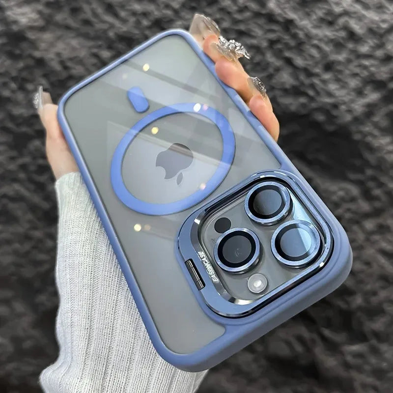 Luxury Magnetic Shockproof Phone Case For iPhone 16 15 14 13 12 11 17 Pro Max For Magsafe Funda Stand Glass Lens Protector Cover