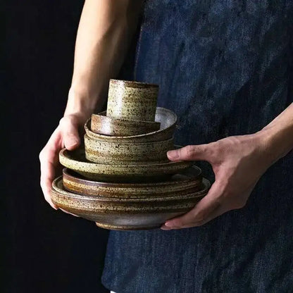Retro Handmade Stoneware Rice Soup Bowl Tea Cup Round Steak Salad Dinner Plate Dishes Home Dining Dish Japanese Tableware Set